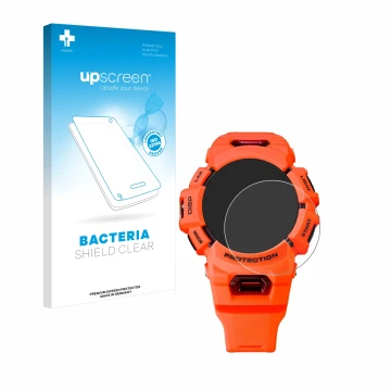 Parte frontal de un envase de producto con el logotipo de la marca upscreen. Al lado se muestra el dispositivo Casio G-Shock G