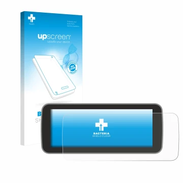 Parte frontal de un envase de producto con el logotipo de la marca upscreen. Al lado se muestra el dispositivo Fiat 500 E Ucon