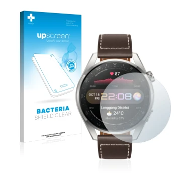 Parte frontal de un envase de producto con el logotipo de la marca upscreen. Al lado se muestra el dispositivo Huawei Watch 3 