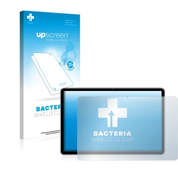 Parte frontal de un envase de producto con el logotipo de la marca upscreen. Al lado se muestra el dispositivo Huawei MatePad 