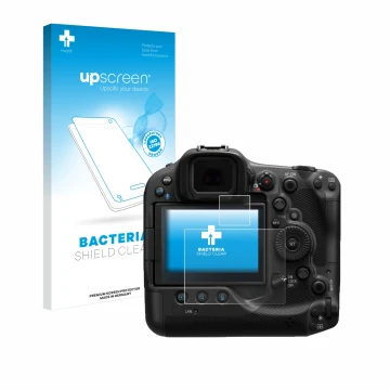 Parte frontal de un envase de producto con el logotipo de la marca upscreen. Al lado se muestra el dispositivo Canon EOS R3 co