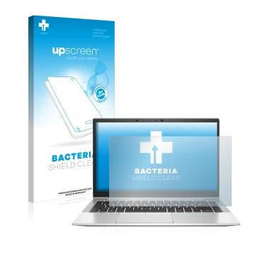 Parte frontal de un envase de producto con el logotipo de la marca upscreen. Al lado se muestra el dispositivo HP EliteBook 84