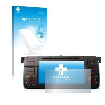 Parte frontal de un envase de producto con el logotipo de la marca upscreen. Al lado se muestra el dispositivo Xtrons PQ7046B 