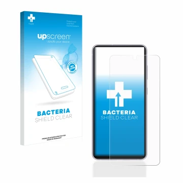 Parte frontal de un envase de producto con el logotipo de la marca upscreen. Al lado se muestra el dispositivo Samsung Galaxy 