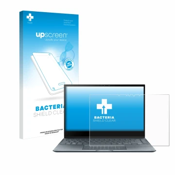 Parte frontal de un envase de producto con el logotipo de la marca upscreen. Al lado se muestra el dispositivo ASUS ZenBook Fl