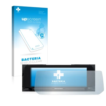 Parte frontal de un envase de producto con el logotipo de la marca upscreen. Al lado se muestra el dispositivo BMW R 1250 RT 2