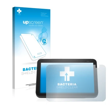 Parte frontal de un envase de producto con el logotipo de la marca upscreen. Al lado se muestra el dispositivo Amazon Echo Sho