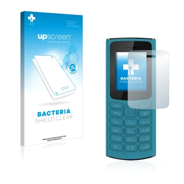 Parte frontal de un envase de producto con el logotipo de la marca upscreen. Al lado se muestra el dispositivo Nokia 105 4G 20