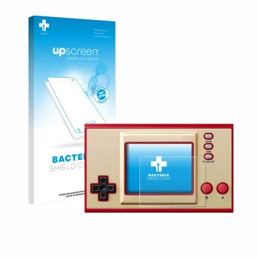 Parte frontal de un envase de producto con el logotipo de la marca upscreen. Al lado se muestra el dispositivo Nintendo Game &