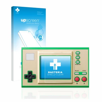Parte frontal de un envase de producto con el logotipo de la marca upscreen. Al lado se muestra el dispositivo Nintendo Game &