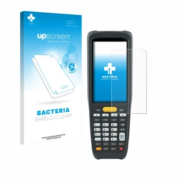 Parte frontal de un envase de producto con el logotipo de la marca upscreen. Al lado se muestra el dispositivo Zebra MC2200 co