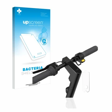 Parte frontal de un envase de producto con el logotipo de la marca upscreen. Al lado se muestra el dispositivo Segway Ninebot 