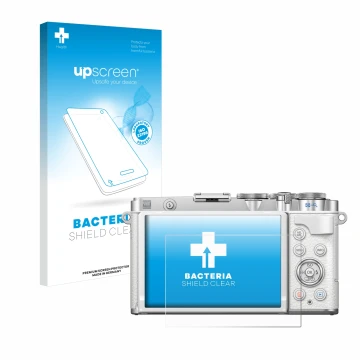 Parte frontal de un envase de producto con el logotipo de la marca upscreen. Al lado se muestra el dispositivo Olympus PEN E-P