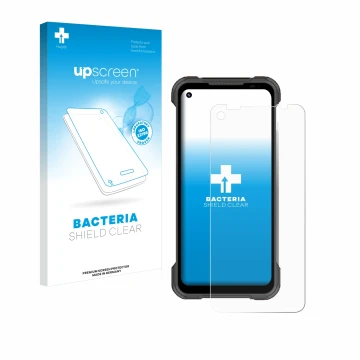 Parte frontal de un envase de producto con el logotipo de la marca upscreen. Al lado se muestra el dispositivo Doogee S97 Pro 