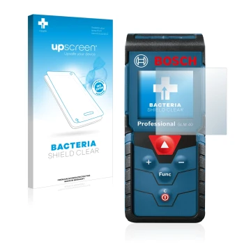 Parte frontal de un envase de producto con el logotipo de la marca upscreen. Al lado se muestra el dispositivo Bosch GLM 40 Pr