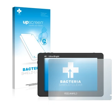 Parte frontal de un envase de producto con el logotipo de la marca upscreen. Al lado se muestra el dispositivo Feelworld LUT7 