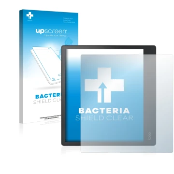 Parte frontal de un envase de producto con el logotipo de la marca upscreen. Al lado se muestra el dispositivo Kobo Elipsa con