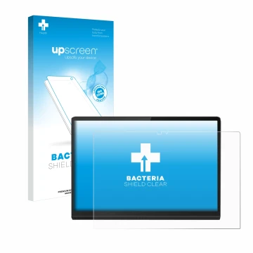 Parte frontal de un envase de producto con el logotipo de la marca upscreen. Al lado se muestra el dispositivo Lenovo Yoga Tab