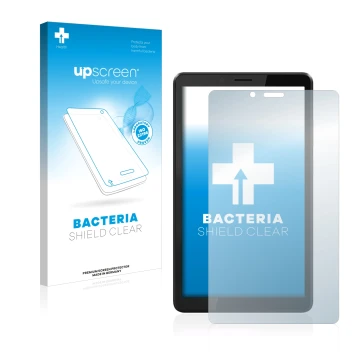 Parte frontal de un envase de producto con el logotipo de la marca upscreen. Al lado se muestra el dispositivo Lenovo Tab M7 (