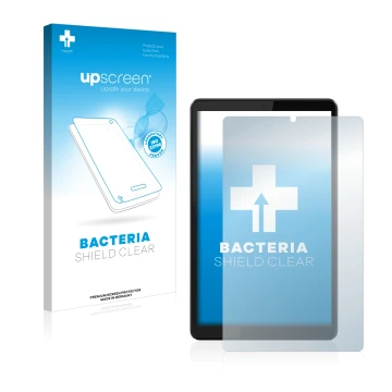 Parte frontal de un envase de producto con el logotipo de la marca upscreen. Al lado se muestra el dispositivo Lenovo Tab M8 (