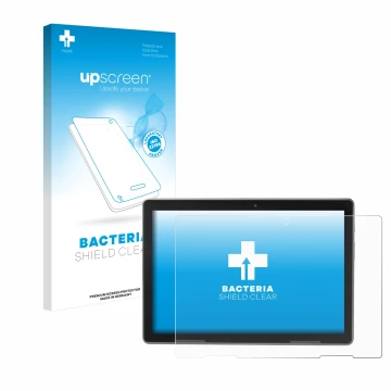 Parte frontal de un envase de producto con el logotipo de la marca upscreen. Al lado se muestra el dispositivo MEDION Lifetab 