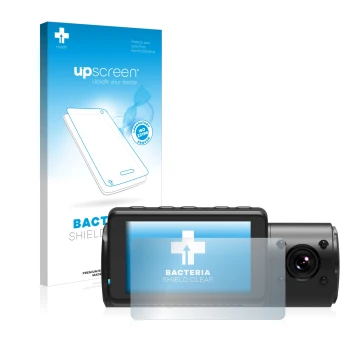 Parte frontal de un envase de producto con el logotipo de la marca upscreen. Al lado se muestra el dispositivo Vantrue N4 con 