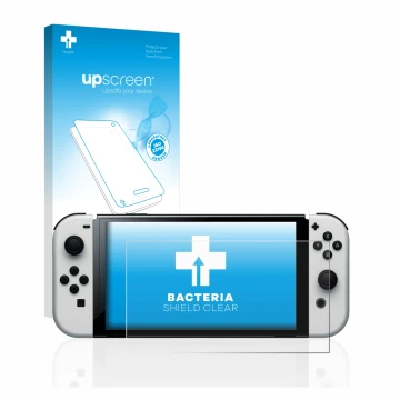 Parte frontal de un envase de producto con el logotipo de la marca upscreen. Al lado se muestra el dispositivo Nintendo Switch