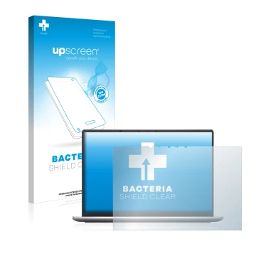 Parte frontal de un envase de producto con el logotipo de la marca upscreen. Al lado se muestra el dispositivo Dell Latitude 9