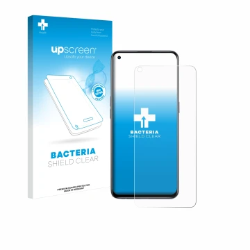 Parte frontal de un envase de producto con el logotipo de la marca upscreen. Al lado se muestra el dispositivo realme GT Maste