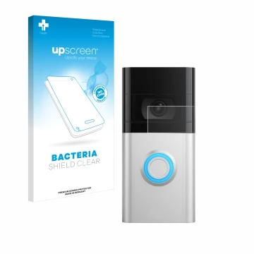 Parte frontal de un envase de producto con el logotipo de la marca upscreen. Al lado se muestra el dispositivo Ring Video Door