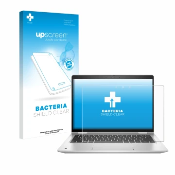 Parte frontal de un envase de producto con el logotipo de la marca upscreen. Al lado se muestra el dispositivo HP ProBook x360