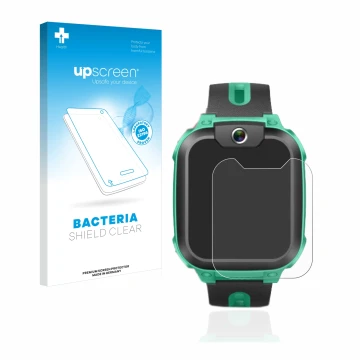 Parte frontal de un envase de producto con el logotipo de la marca upscreen. Al lado se muestra el dispositivo Imoo Watch Phon
