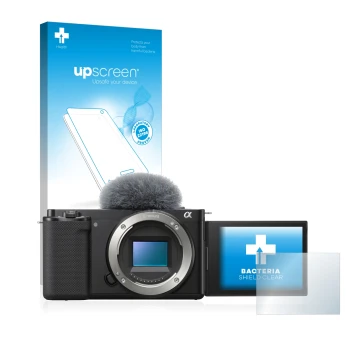 Parte frontal de un envase de producto con el logotipo de la marca upscreen. Al lado se muestra el dispositivo Sony Alpha ZV-E
