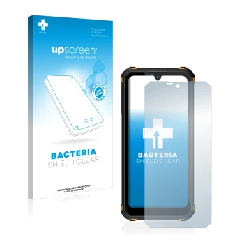 Parte frontal de un envase de producto con el logotipo de la marca upscreen. Al lado se muestra el dispositivo Oukitel WP15 5G