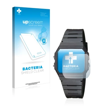 Parte frontal de un envase de producto con el logotipo de la marca upscreen. Al lado se muestra el dispositivo Casio Collectio