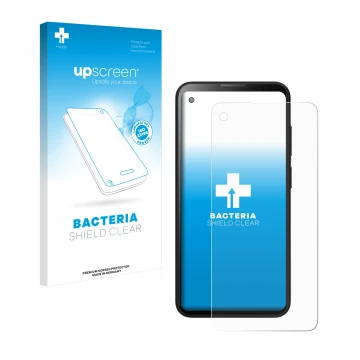 Parte frontal de un envase de producto con el logotipo de la marca upscreen. Al lado se muestra el dispositivo Blackview BL500