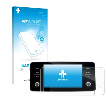 Parte frontal de un envase de producto con el logotipo de la marca upscreen. Al lado se muestra el dispositivo Skoda Bolero 20