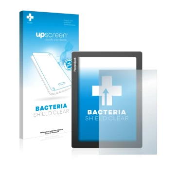 Parte frontal de un envase de producto con el logotipo de la marca upscreen. Al lado se muestra el dispositivo PocketBook InkP