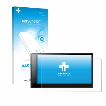Parte frontal de un envase de producto con el logotipo de la marca upscreen. Al lado se muestra el dispositivo Pioneer SPH-DA1