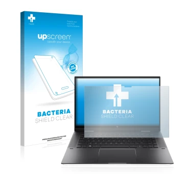 Parte frontal de un envase de producto con el logotipo de la marca upscreen. Al lado se muestra el dispositivo HP Envy x360 (1
