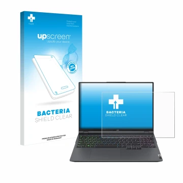 Parte frontal de un envase de producto con el logotipo de la marca upscreen. Al lado se muestra el dispositivo Lenovo Legion 5