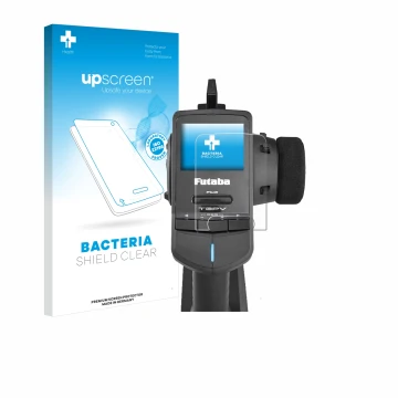 Parte frontal de un envase de producto con el logotipo de la marca upscreen. Al lado se muestra el dispositivo Futaba T3PV con