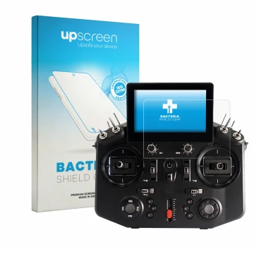 Parte frontal de un envase de producto con el logotipo de la marca upscreen. Al lado se muestra el dispositivo FrSky Tandem X2