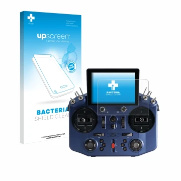 Parte frontal de un envase de producto con el logotipo de la marca upscreen. Al lado se muestra el dispositivo FrSky Tandem X2