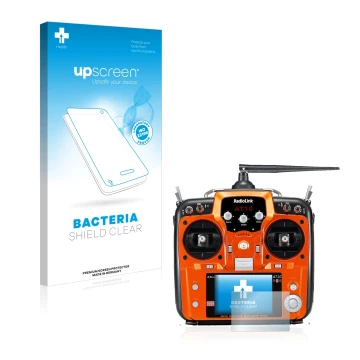 Parte frontal de un envase de producto con el logotipo de la marca upscreen. Al lado se muestra el dispositivo RadioLink AT10I