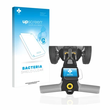 Parte frontal de un envase de producto con el logotipo de la marca upscreen. Al lado se muestra el dispositivo PowaKaddy CT6 c