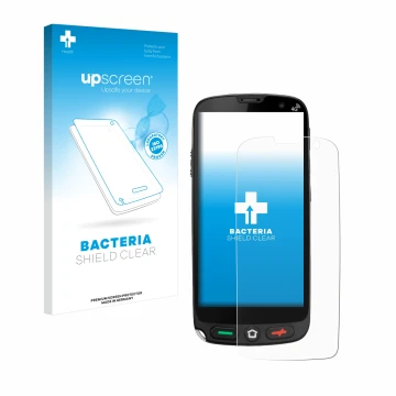 Parte frontal de un envase de producto con el logotipo de la marca upscreen. Al lado se muestra el dispositivo Brondi Amico XS