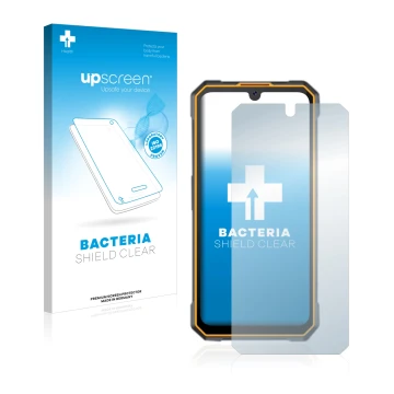 Parte frontal de un envase de producto con el logotipo de la marca upscreen. Al lado se muestra el dispositivo Cubot King Kong