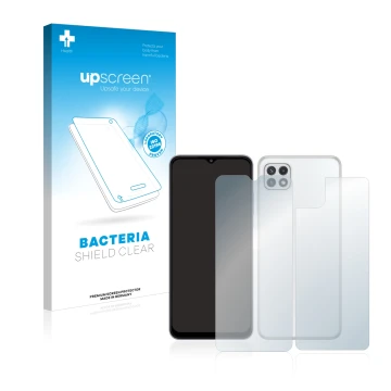 Parte frontal de un envase de producto con el logotipo de la marca upscreen. Al lado se muestra el dispositivo Samsung Galaxy 