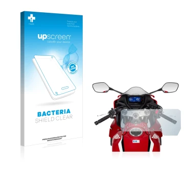 Parte frontal de un envase de producto con el logotipo de la marca upscreen. Al lado se muestra el dispositivo Honda CBR650R 2
